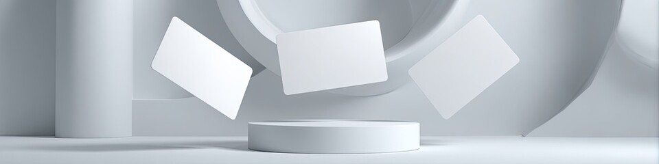 Minimalist white product display with floating square cards