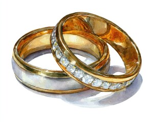 Two gold rings, one with diamonds, lay intertwined. Watercolor style