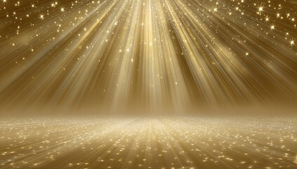 Golden light streams down onto a glittering, reflective stage or surface