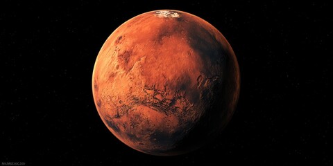 Red planet with dust storms, craters, and polar ice against a black sky