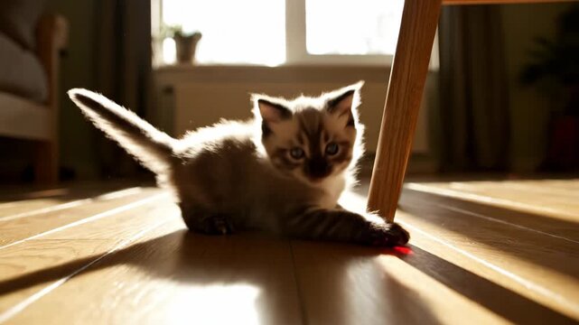 Adorable Kitten Plays with a Laser Pointer in a Brightly Lit Room.