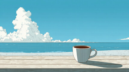 Seaside coffee break, enjoying ocean views under blue sky