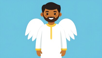 A smiling, cartoon man with brown skin, beard, and wings wears a white robe with yellow trim against blue