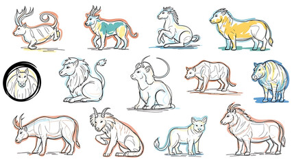 Fototapeta premium Zodiac animals in various poses and colors isolated on a transparent background