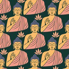 Buddha seamless vector pattern on dark green background