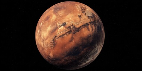 Mars globe in dark space. Rusty orange surface texture, shadows, and craters
