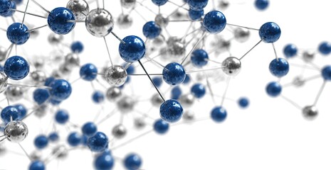 Metallic blue and silver spheres connected by rods, network on white