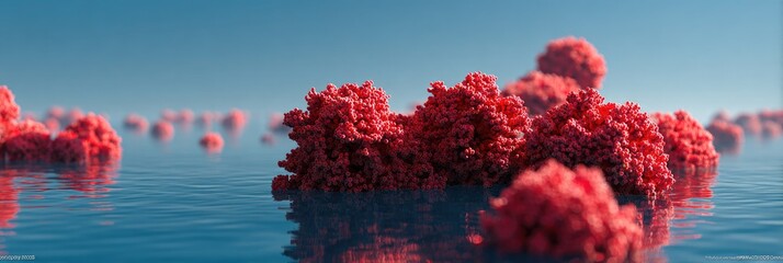 Red fractal structures floating on water reflect under a blue sky