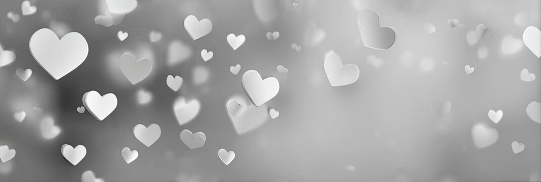 Floating white hearts pattern on soft, blurred grayscale background