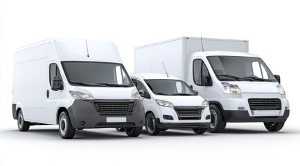 Naklejka premium Three white vans of different sizes parked together against a plain background