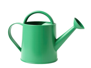 A green watering can on a white background, suitable for gardening or home decor use