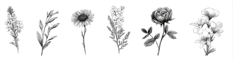 Various monochrome floral illustrations aligned horizontally