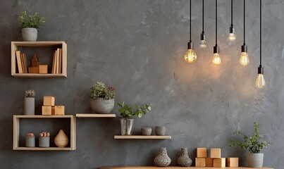 Modern wall decor with floating shelves, textured grey wall, and Edison bulbs