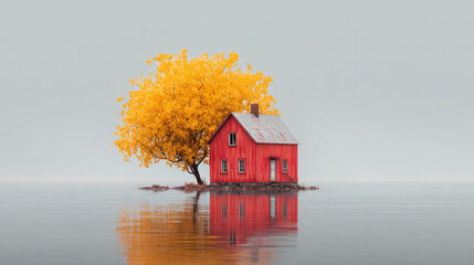 Solitary red home by the water, with golden tree