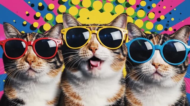 Three Cats Wearing Sunglasses Posing Together Against a Colorful Psychedelic Background