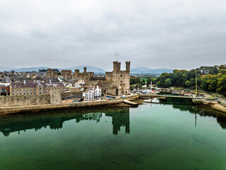 Fototapeta premium Caernarfon Castle from a drone, Caernarfon, Gwynedd, North-West Wales, UK