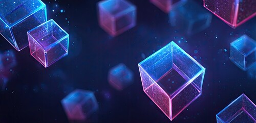 Abstract Floating, glowing cubes, blue and pink highlights, in a dark space