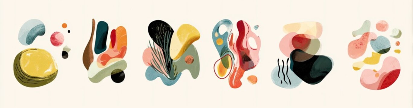 Abstract blobs art watercolor organic shapes in soft, muted colors on pale canvas