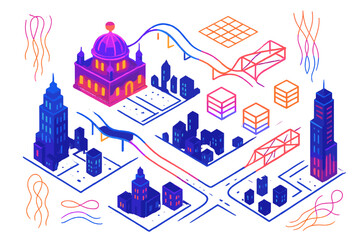 Neon Cityscape Dream. Isometric vector illustration set Invisible City Tapestry: glowing ethereal buildings, neon floating bridges