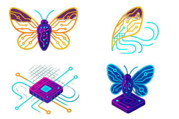 Luminous Circuit Moth. Isometric vector illustration set Moth Wing Circuit: luminous circuit wings, neon microchip nodes, floating