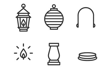 Line Style Lanterns. Line style icons of Lantern: hanging lantern, round lantern, lantern handle, lantern glow shape, simple lamp