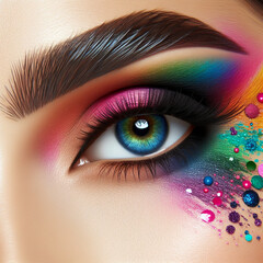 Creative close-up beauty portrait of female eye with colorful artistic makeup