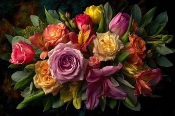 Lush bouquet of colorful roses, tulips, and lilies against a dark backdrop