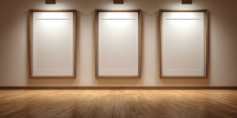 Three blank framed canvases hang on a wall above a shiny wooden floor