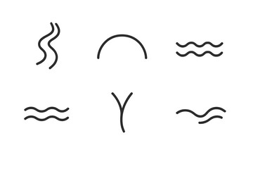 Obraz premium Waterway Line Icons. Line style icons of Waterways: winding channel, smooth flow arc, subtle wave, calm current, branching stream,