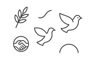 Peace Line Icons. Line style icons of Peace: olive branch symbol, soft curve mark, gentle dove hint, minimal unity shape, calm arc