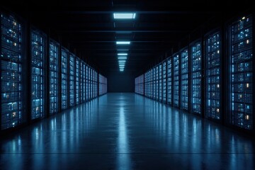 Server room aisle, dark, blue-lit racks