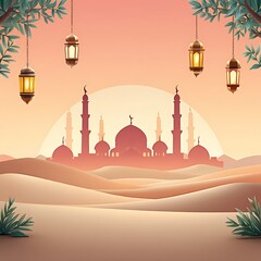 This minimalist Ramadan Kareem background features glowing lanterns, mosque silhouettes, warm golden light, serene desert dunes, perfect for Islamic greetings, Mubarak banners, and iftar invitations.