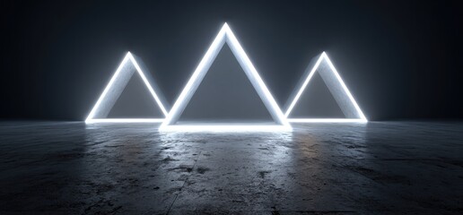 Three glowing neon triangles reflecting on a textured, dark, reflective surface
