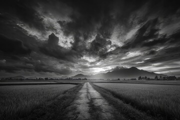 Dramatic sky over path through fields leading toward mountain range, grayscale
