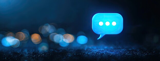 Glowing chat bubble with ellipsis, bokeh background on dark surface