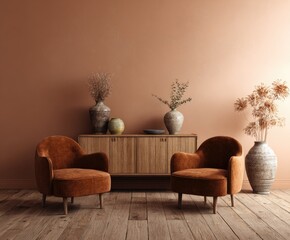 Warm interior two plush chairs flank cabinet with vases in earth tones