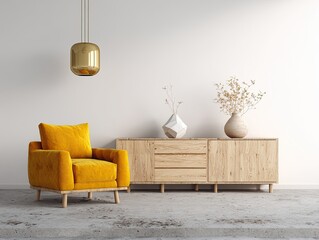 Modern interior with yellow armchair, wood cabinet, dried flowers, and gold lamp