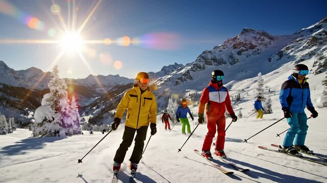 Group of Skiers Skiing Downhill on Snowy Mountain Slope at Sunny Day