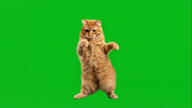 Funny ginger cat dancing  on green screen background