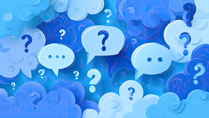 Stylized blue cloudy scene with speech bubbles and question marks