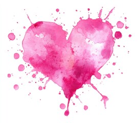 Watercolor heart, pink hues, paint splatters, isolated against white background