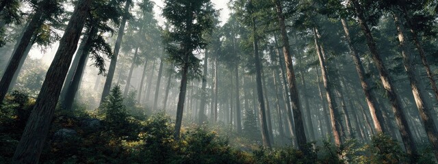 Misty forest scene with tall trees reaching for sunlight