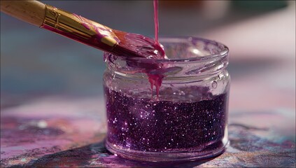 Brush dips in glittery purple paint, drips from jar