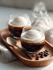 Iced Coffee With Cream In Modern Glasses On Wooden Tray