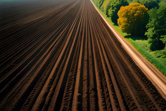 Freshly Plowed Agricultural Field with Deep Furrows and a Line of Trees
