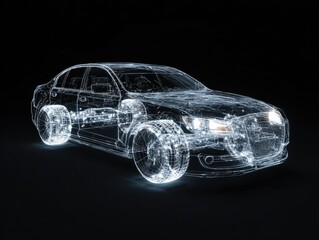 Wireframe car on black background with glowing tires and front lights