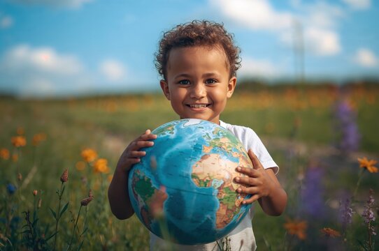 Child holding globe in wildflower meadow smiling - Powered by Adobe