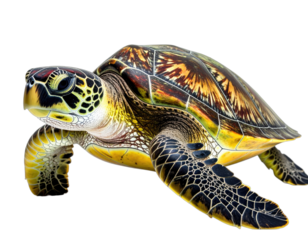 Colorful sea turtle with detailed shell and striking features, isolated against a black background