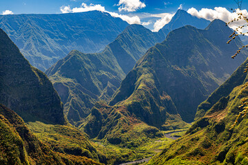 Mafate Circus Galets river and mountains in Reunion Island in Indian Ocean