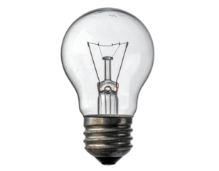 A clear, classic light bulb with metallic base, filament, and transparent glass